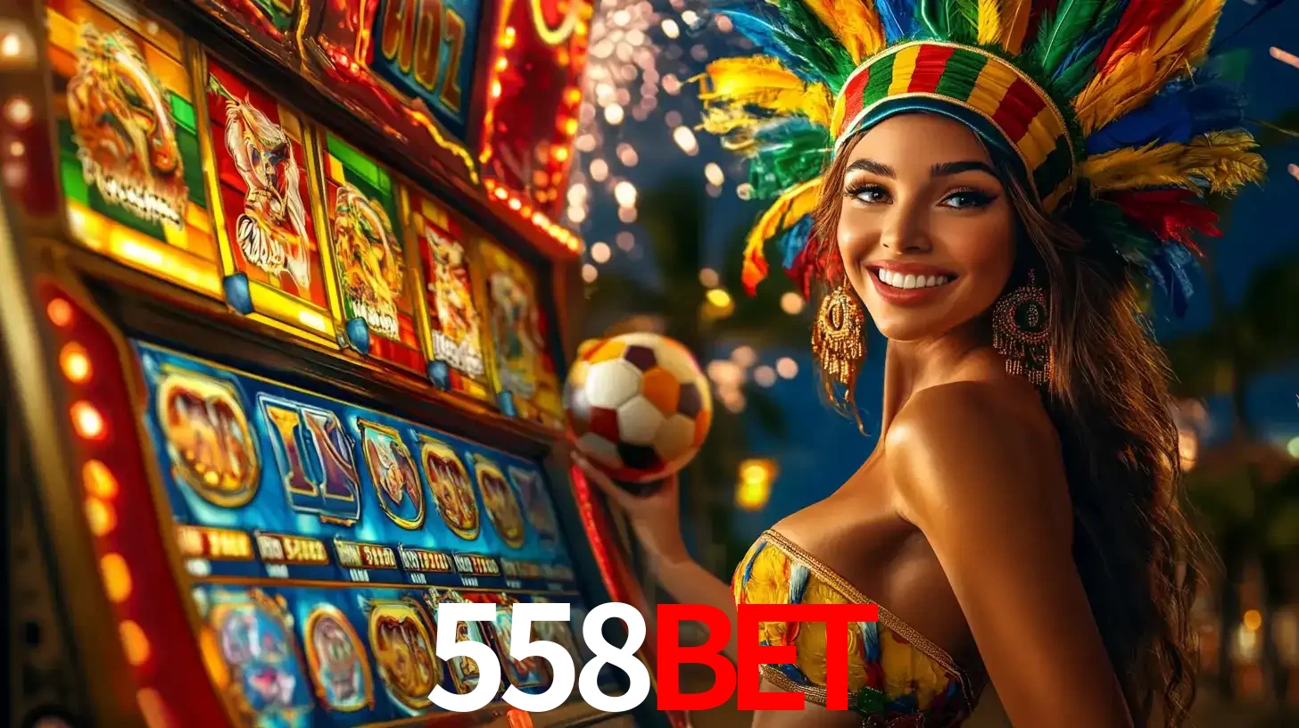 Mulher com um cocar de carnaval ao lado de uma máquina de caça-níqueis enquanto segura uma bola de futebol, mostrando a união da diversão de cassino e esportes no 558bet.