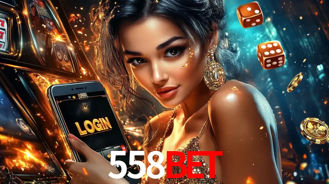 Mulher glamourosa segurando um celular com a tela de login do cassino 558bet, rodeada por dados e moedas douradas, pronta para começar a diversão.