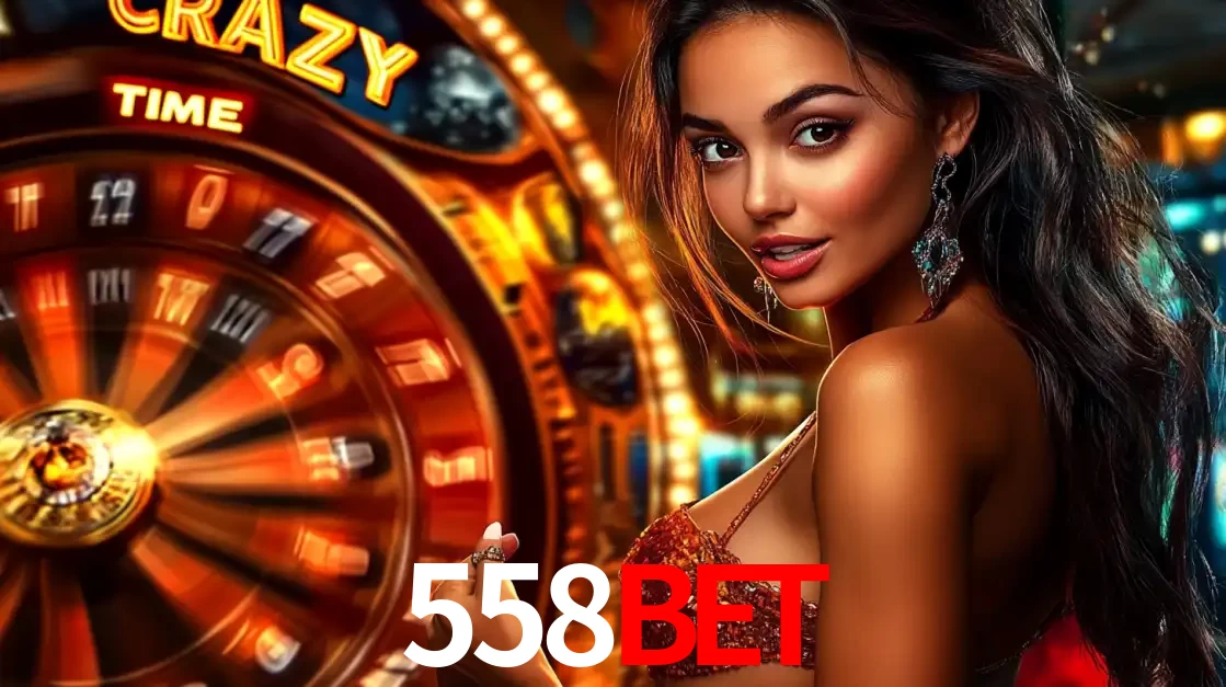 Mulher ao lado da roda de prêmios do jogo de cassino ao vivo Crazy Time, um dos shows de jogos mais emocionantes oferecidos pela plataforma de apostas 558bet.