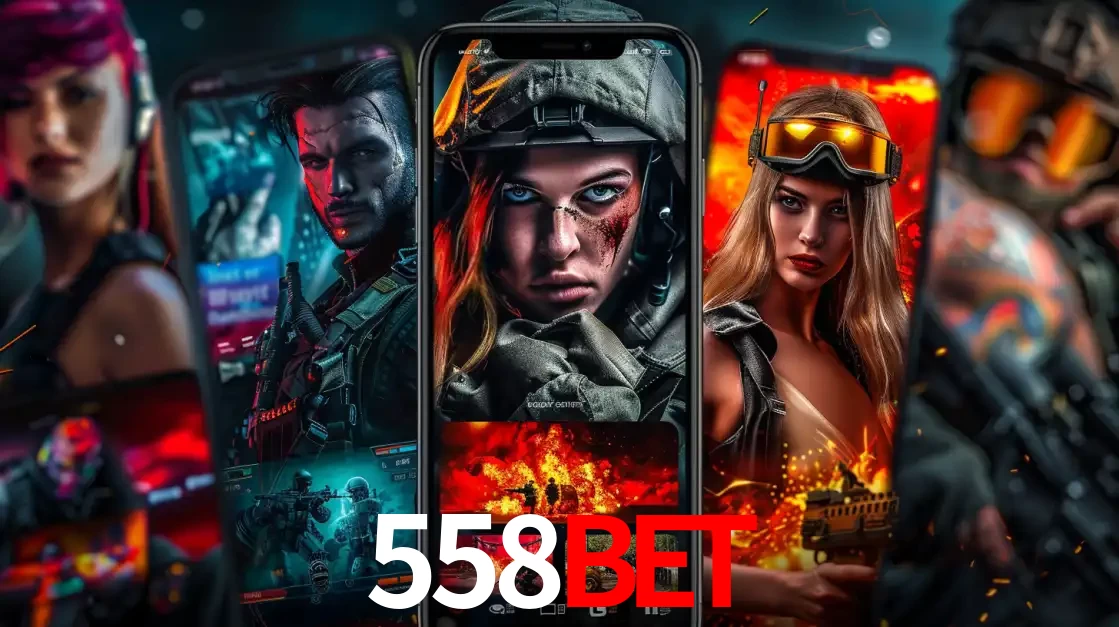 Montagem de telas de celular mostrando diversos personagens, masculinos e femininos, de um jogo de tiro, ilustrando a diversidade de equipes de e-sports para apostar no 558bet.