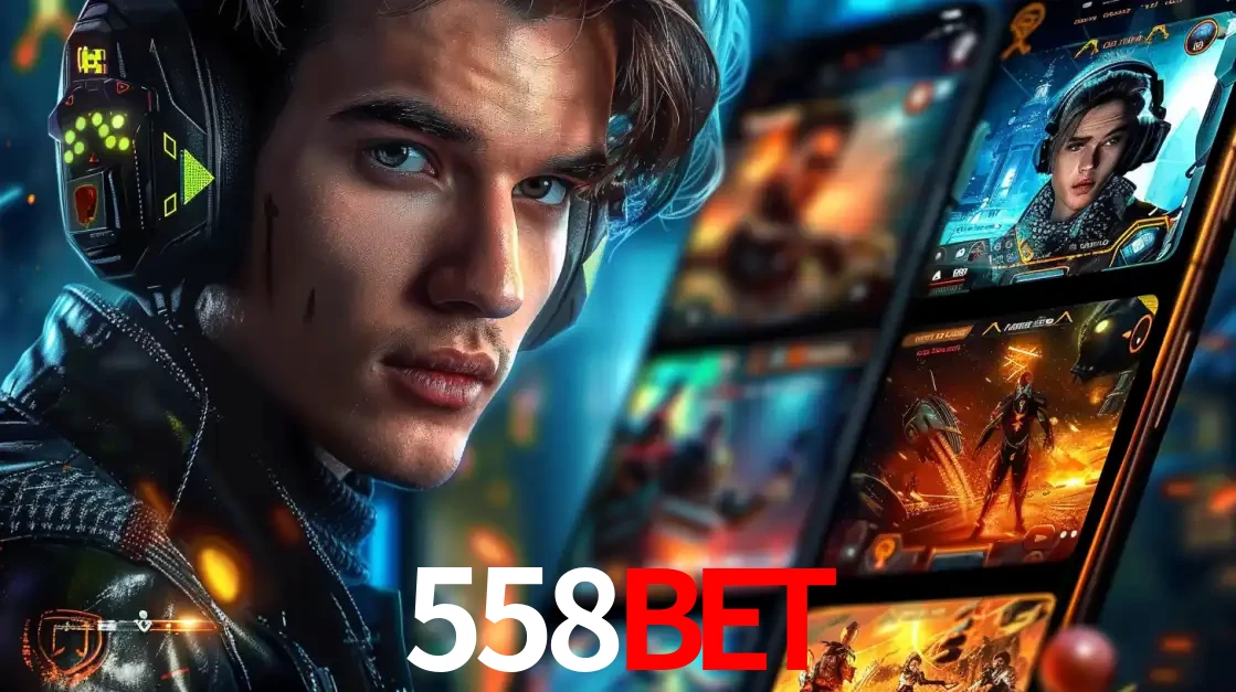 Jovem jogador com fones de ouvido olhando para a câmera, com um aplicativo de jogos e e-sports para celular ao fundo, pronto para a competição e apostas no 558bet.