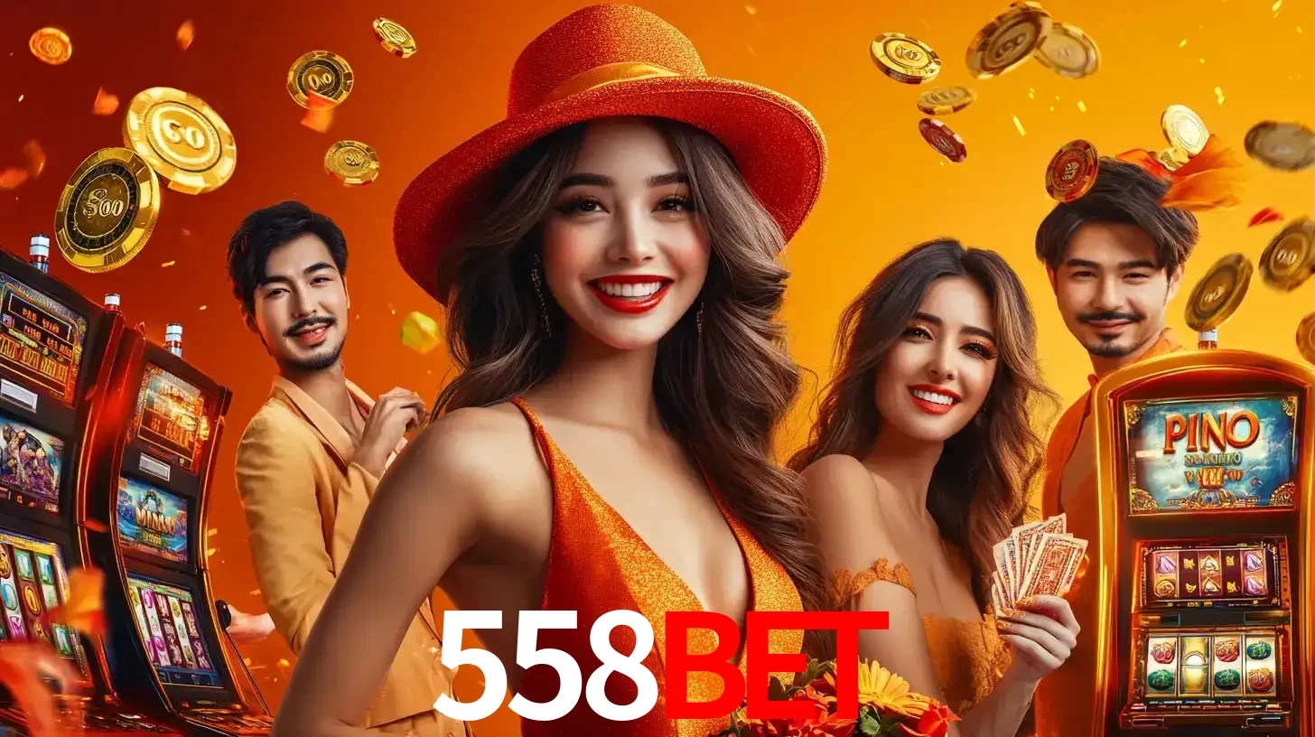 Grupo de amigos asiáticos sorrindo e se divertindo com máquinas de caça-níqueis em um ambiente festivo, celebrando suas vitórias nos jogos de cassino do 558bet.