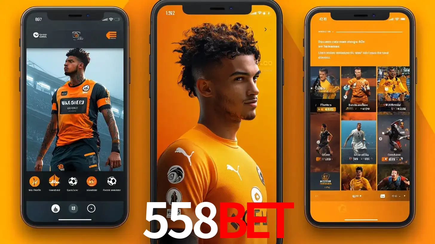 Interface do aplicativo de apostas esportivas 558bet em três telas de celular, mostrando o perfil de um jogador de futebol e a lista de jogos disponíveis para apostar.