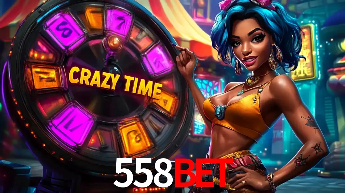Mulher estilizada com cabelo azul e visual vibrante posando ao lado da roda de prêmios do game show Crazy Time, convidando para a diversão e os bônus do cassino 558bet.