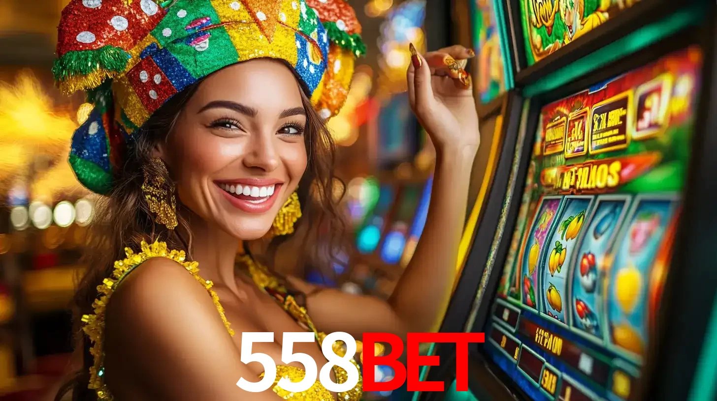 Mulher feliz com traje de carnaval amarelo e colorido ao lado de uma máquina de caça-níqueis, aproveitando a diversão e os jogos temáticos do cassino 558bet.